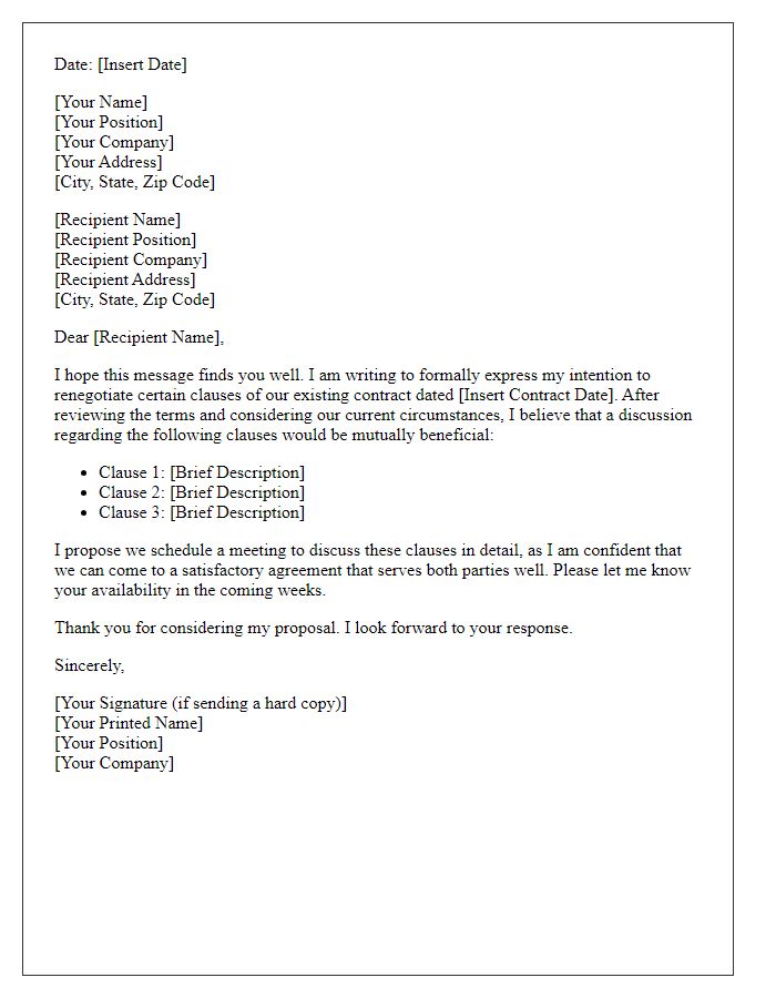 Letter template of intention to renegotiate contract clauses