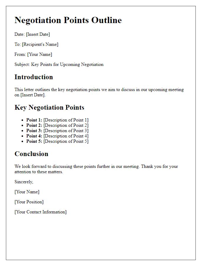 Letter template of outlining key negotiation points