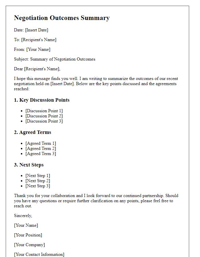 Letter template of summarizing negotiation outcomes