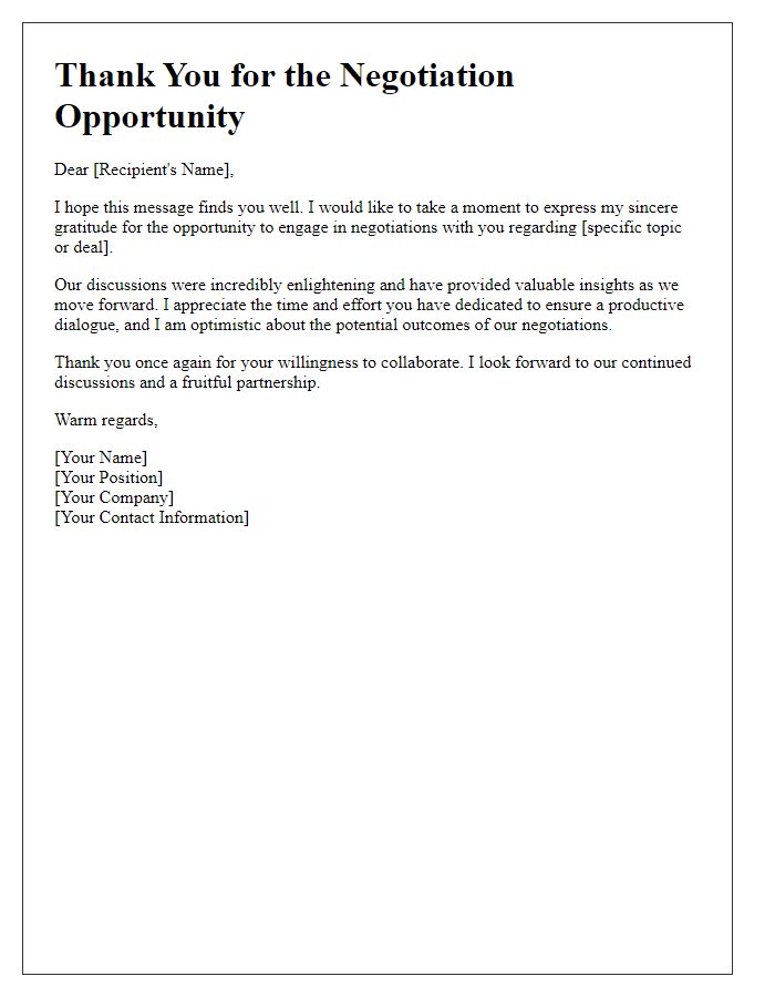 Letter template of thanking for negotiation opportunities