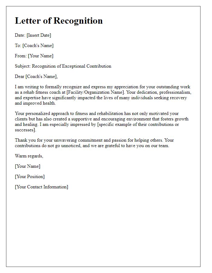 Letter template of recognition for a rehab fitness coach