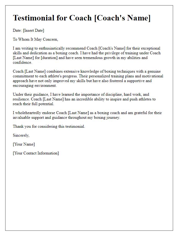 Letter template of testimonial for a boxing coach