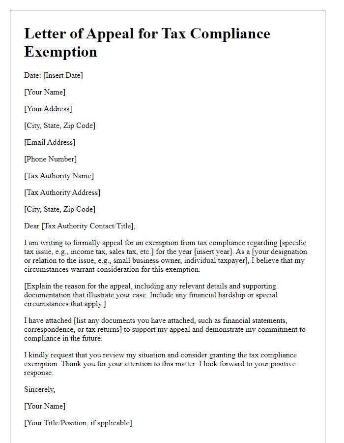 Letter template of appeal for tax compliance exemption