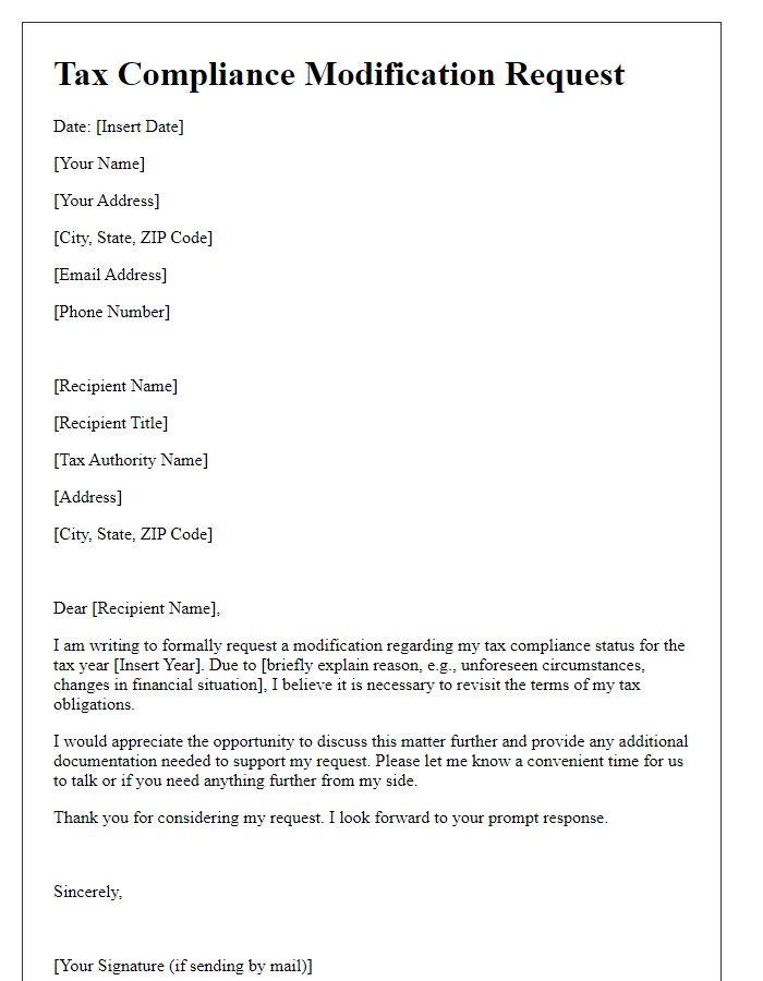 Letter template of correspondence for tax compliance modification