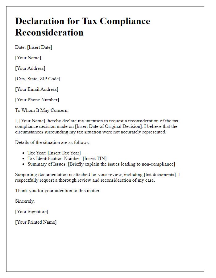 Letter template of declaration for tax compliance reconsideration