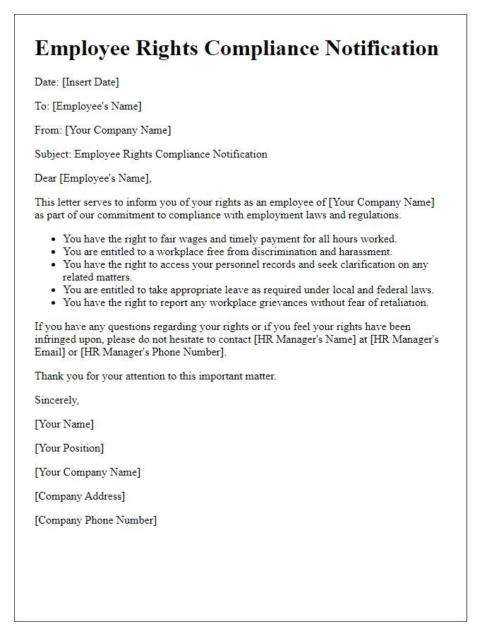 Letter template of employee rights compliance notification