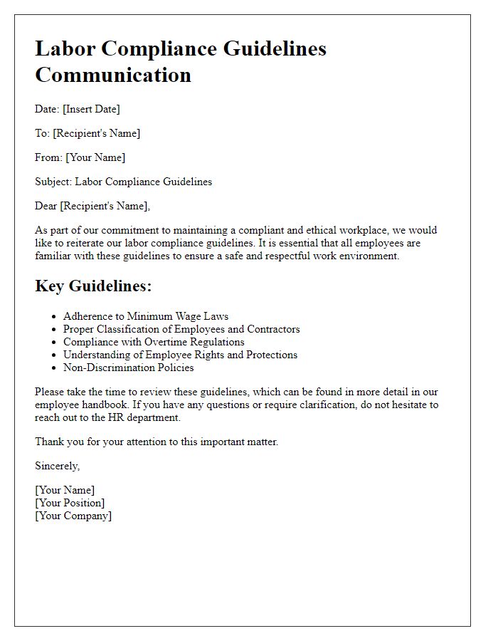 Letter template of labor compliance guidelines communication