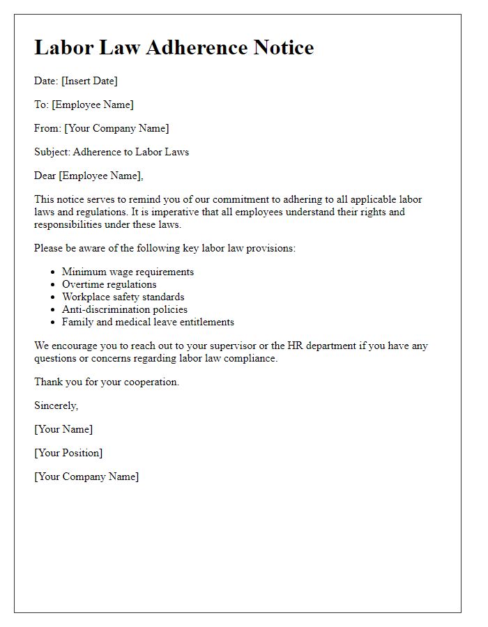 Letter template of labor law adherence notice