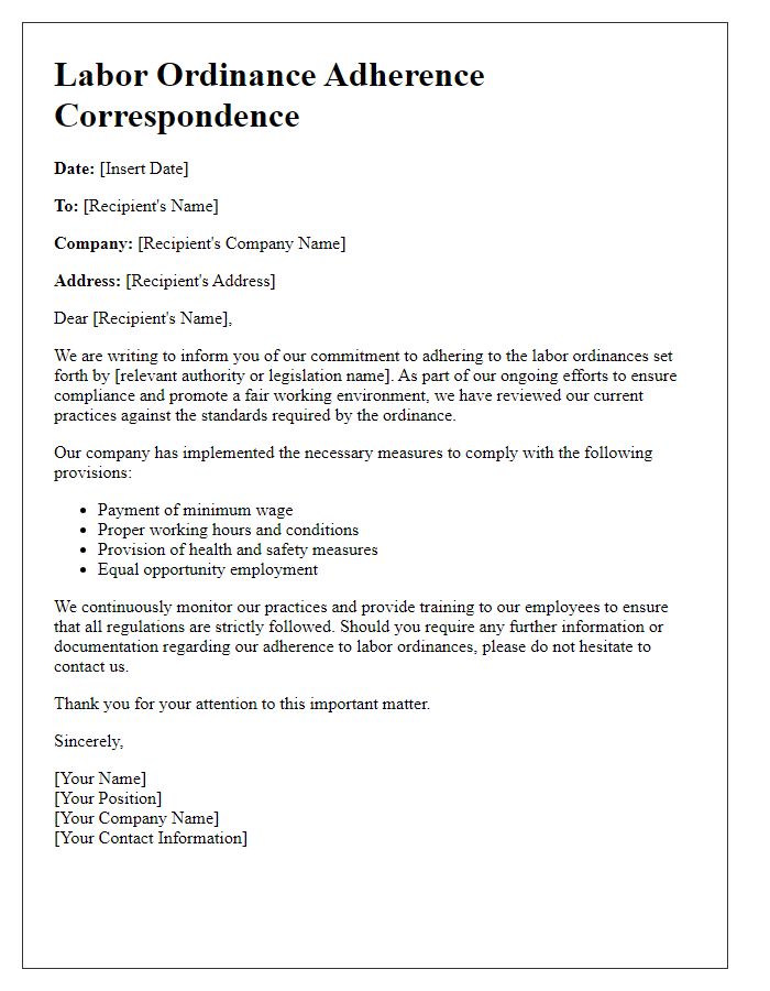 Letter template of labor ordinance adherence correspondence