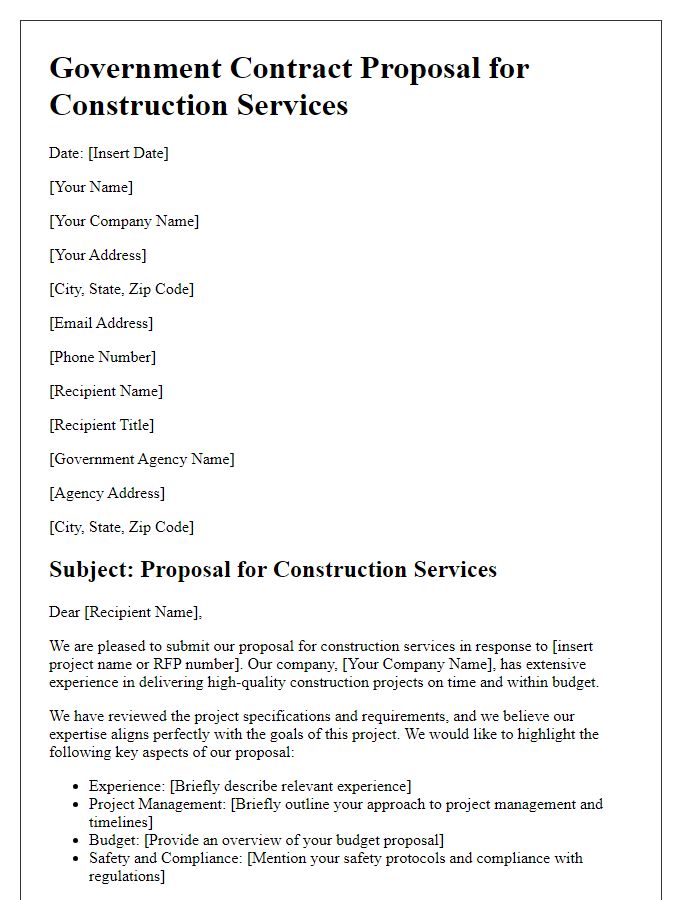 Letter template of government contract proposal for construction services.