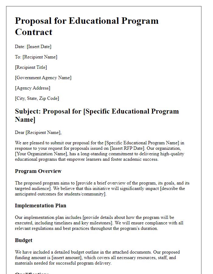 Letter template of government contract proposal for educational programs.