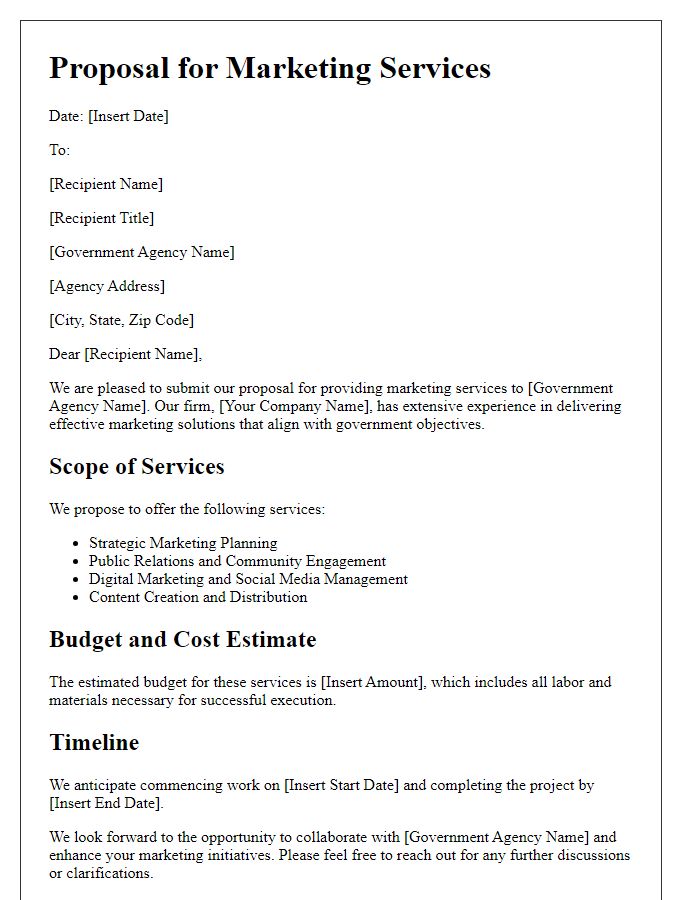 Letter template of government contract proposal for marketing services.