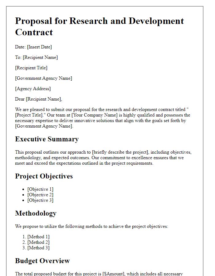 Letter template of government contract proposal for research and development.