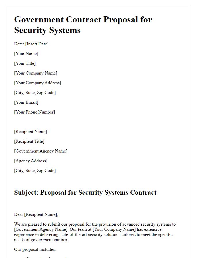 Letter template of government contract proposal for security systems.