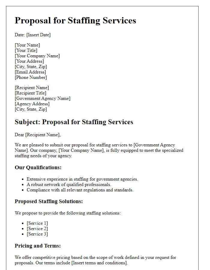 Letter template of government contract proposal for staffing services.