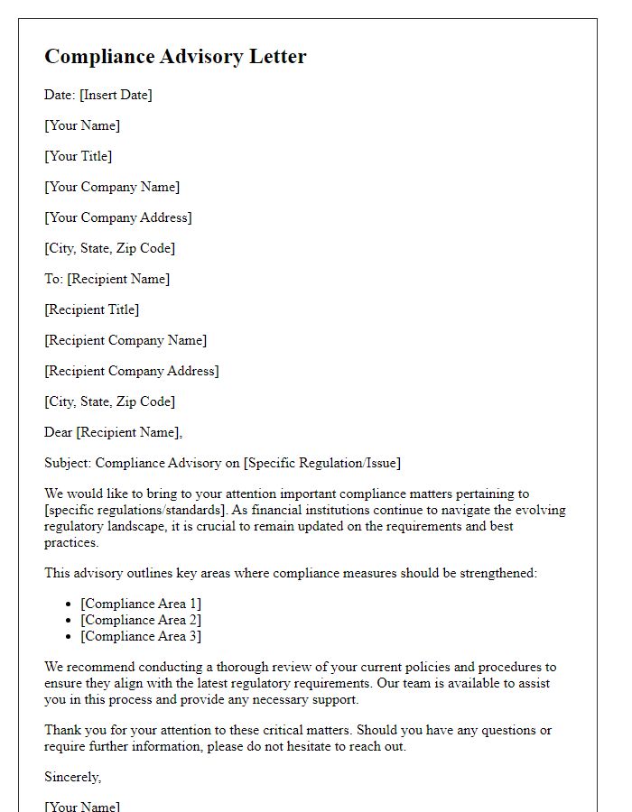 Letter template of compliance advisory for financial institutions.