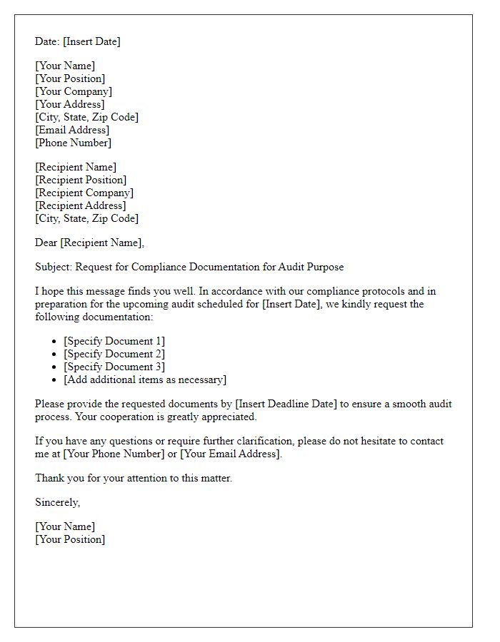 Letter template of compliance documentation request for audit purposes.