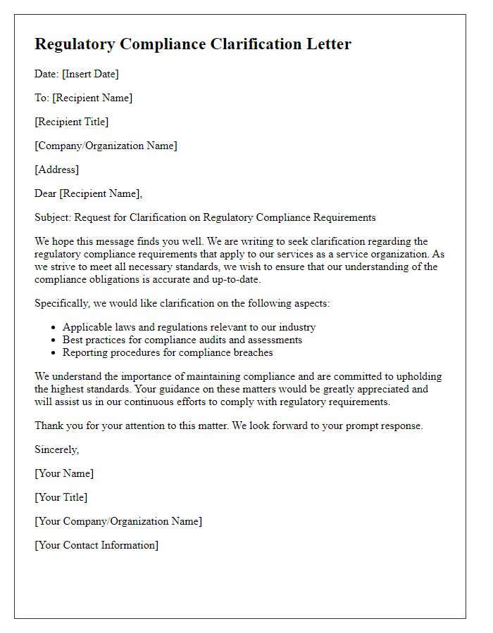 Letter template of regulatory compliance clarification for service organizations.