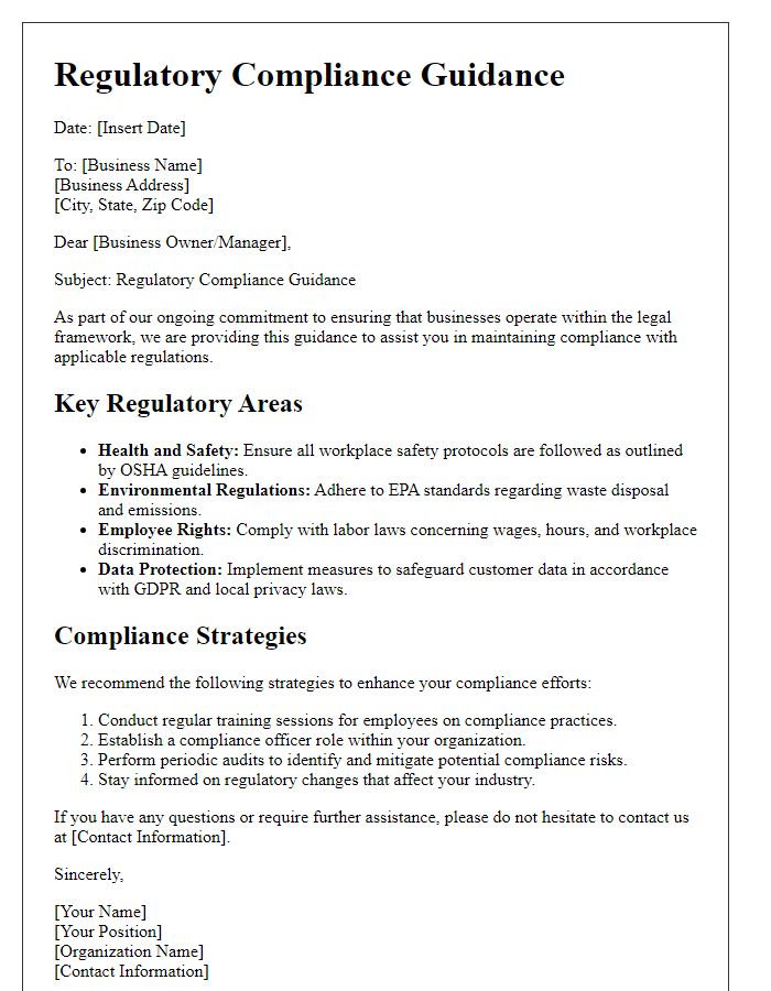 Letter template of regulatory compliance guidance for businesses.