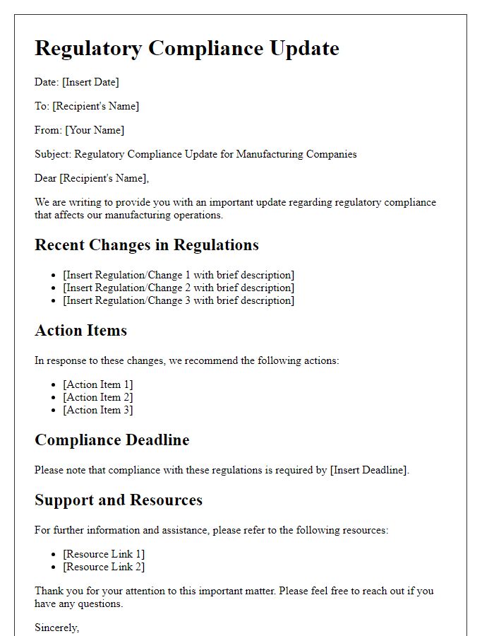 Letter template of regulatory compliance update for manufacturing companies.