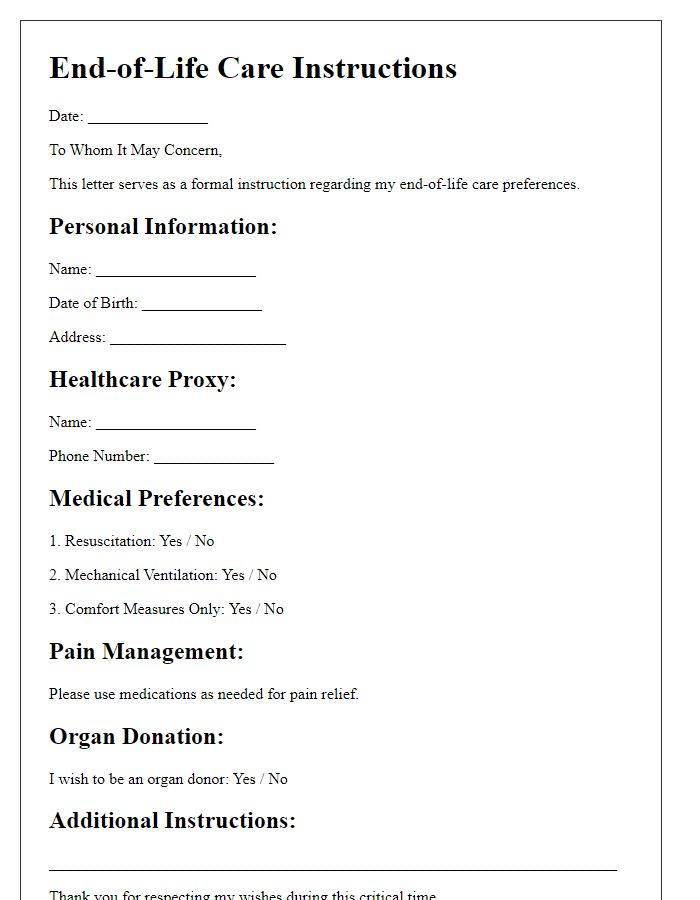 Letter template of end-of-life care instructions