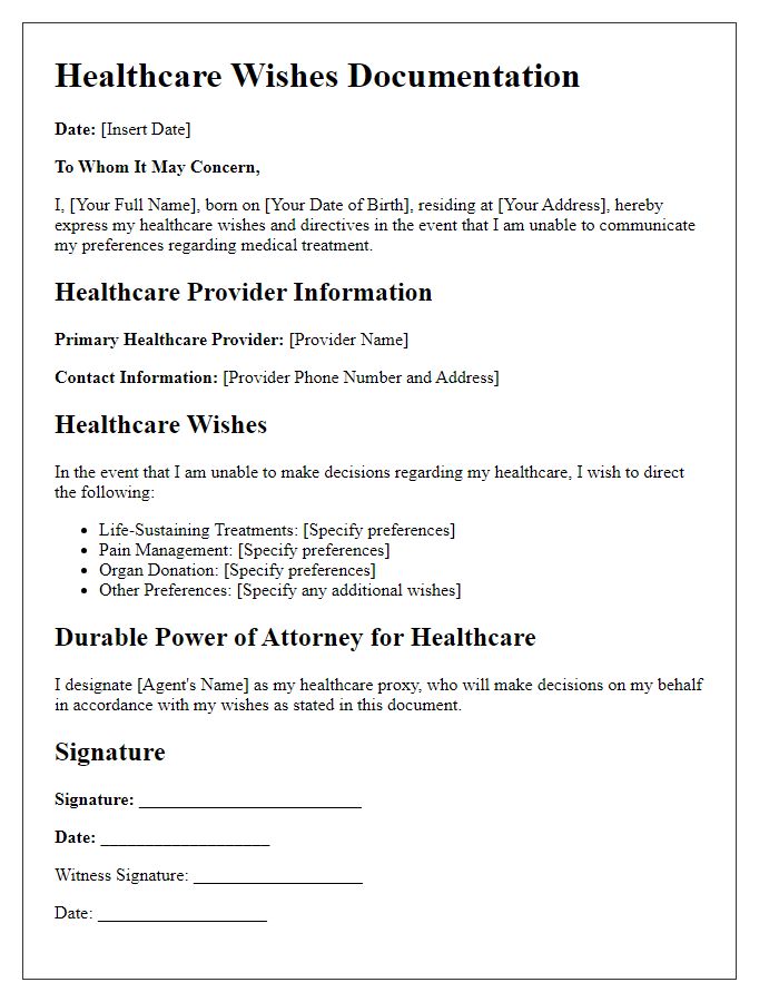 Letter template of healthcare wishes documentation