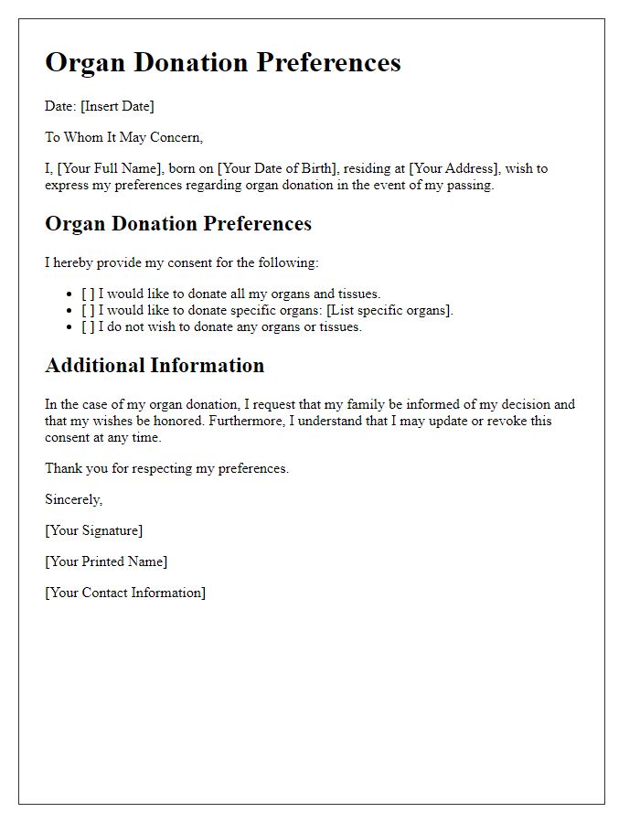 Letter template of organ donation preferences