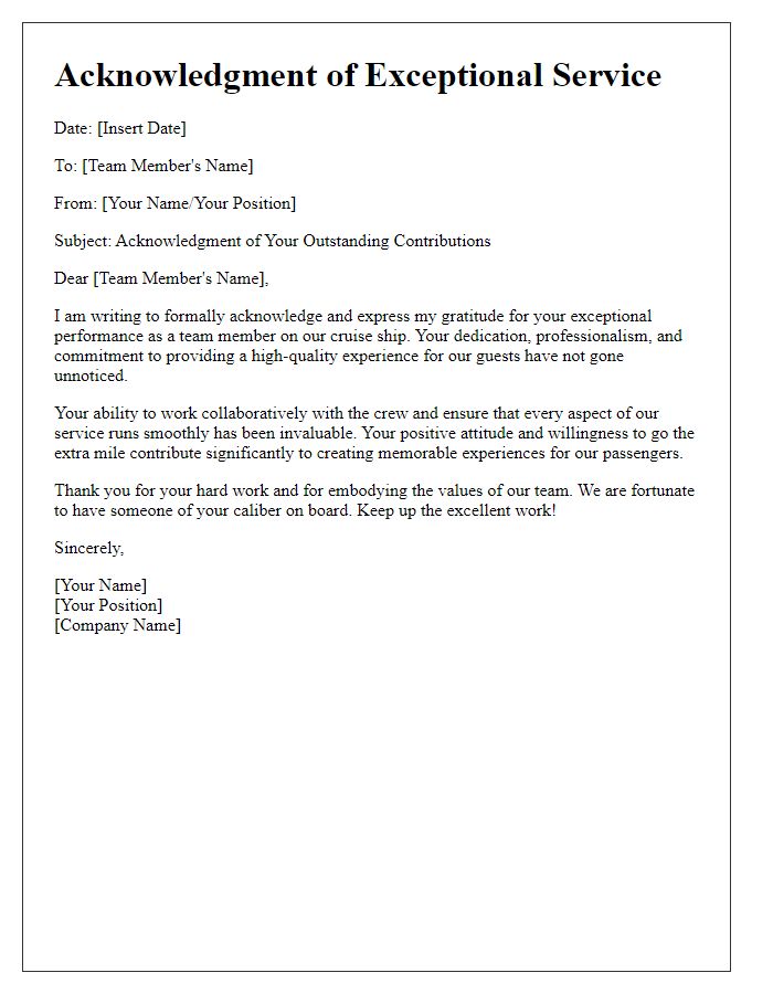 Letter template of acknowledgment for reliable cruise ship team member