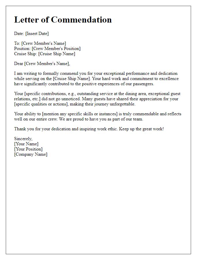 Letter template of commendation for excellent work by cruise ship crew