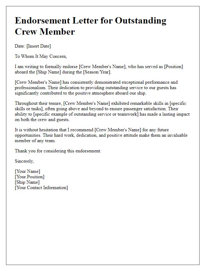 Letter template of endorsement for outstanding crew member aboard a cruise ship