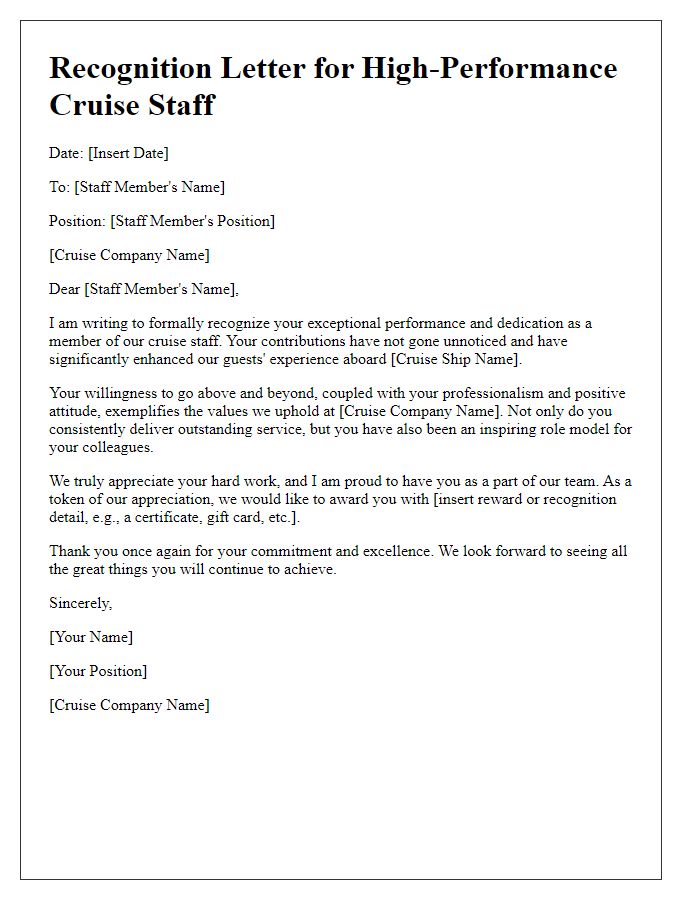 Letter template of recognition for high-performance cruise staff