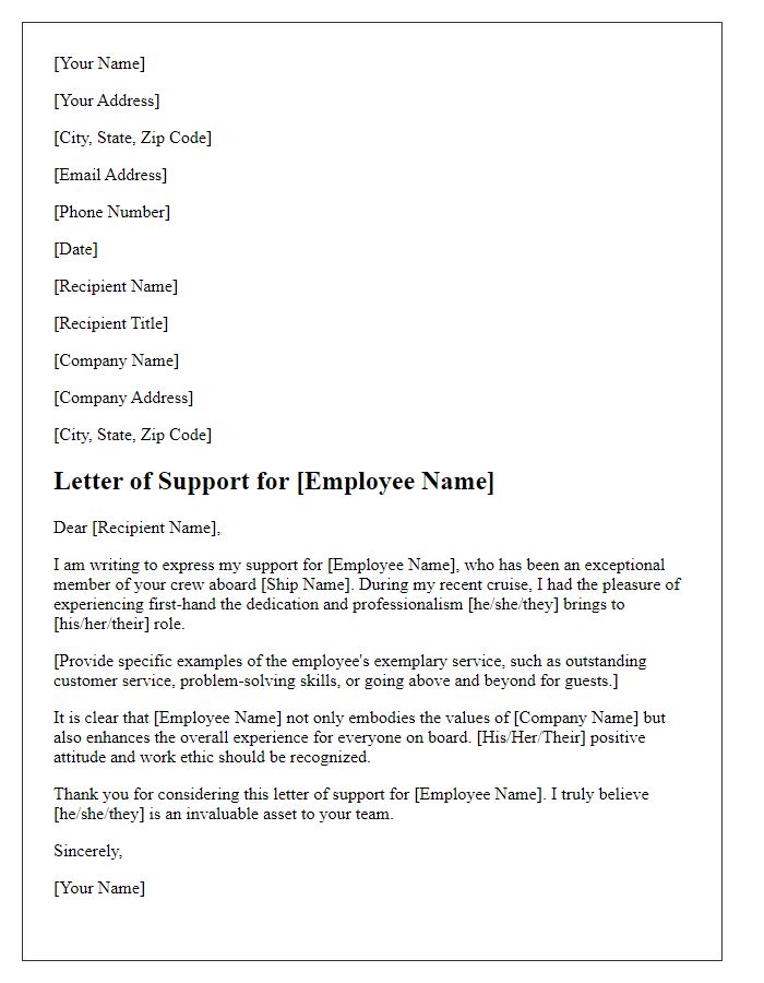 Letter template of support for exemplary cruise ship employee