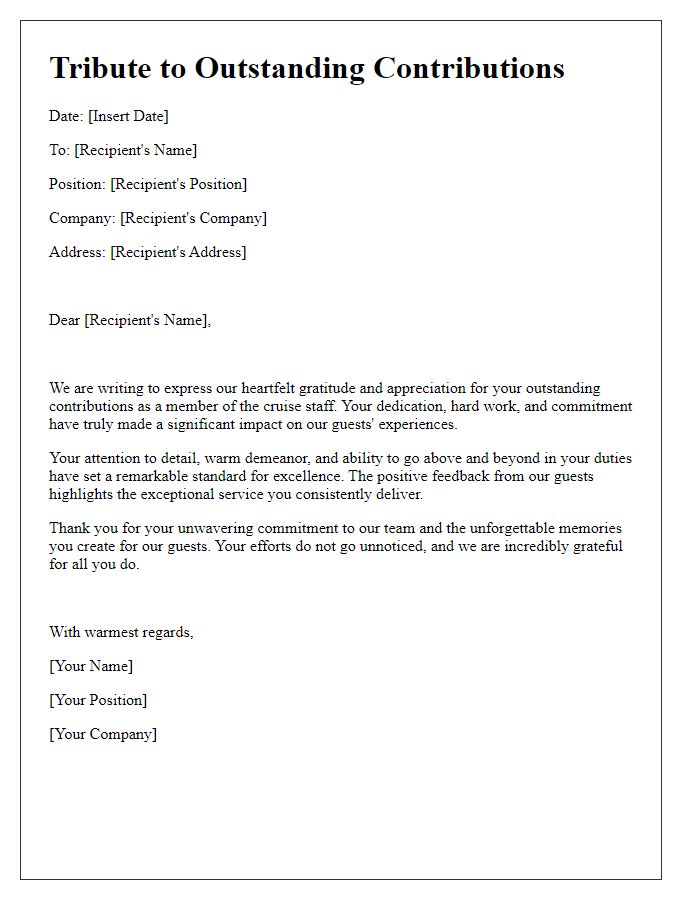 Letter template of tribute for outstanding contributions by cruise staff