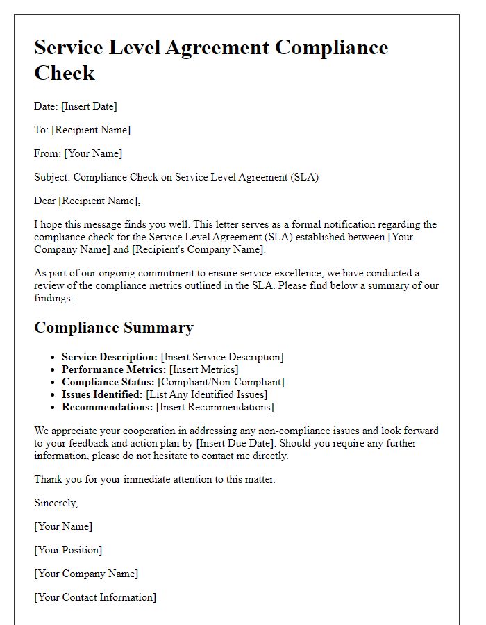 Letter template of service level agreement compliance check