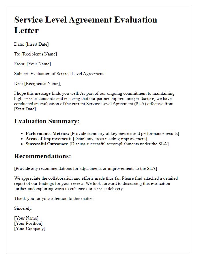 Letter template of service level agreement evaluation