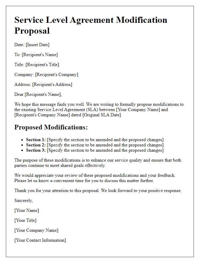 Letter template of service level agreement modification proposal