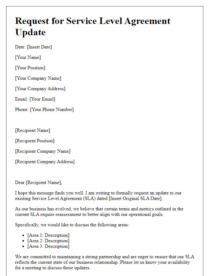 Letter template of service level agreement update request