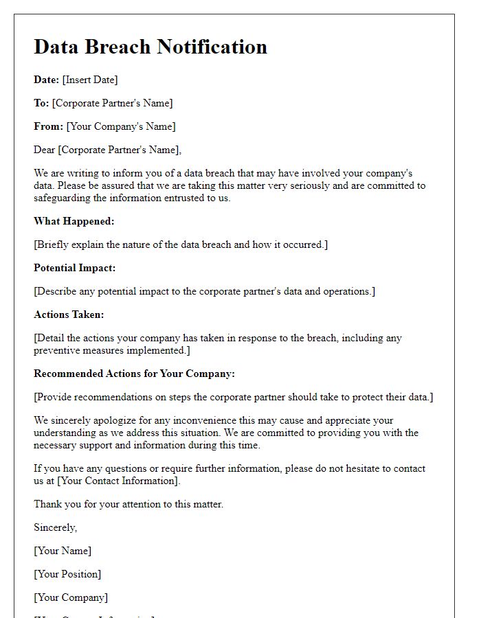 Letter template of data breach notification for corporate partners