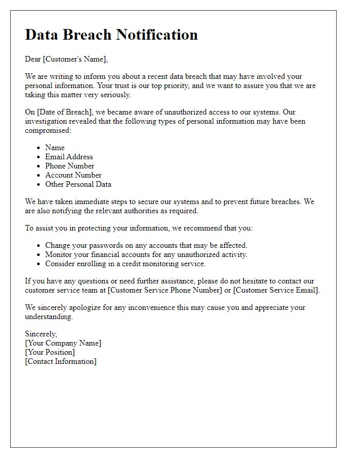 Letter template of data breach notification for customer service teams