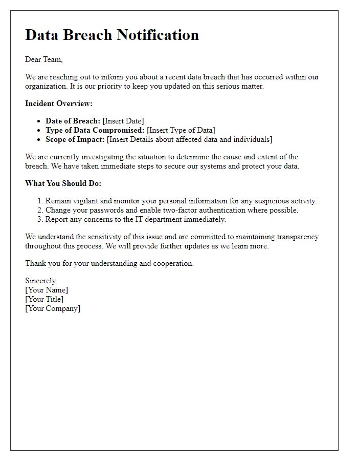 Letter template of data breach notification for internal staff communication