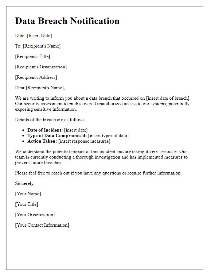 Letter template of data breach notification for security assessment teams