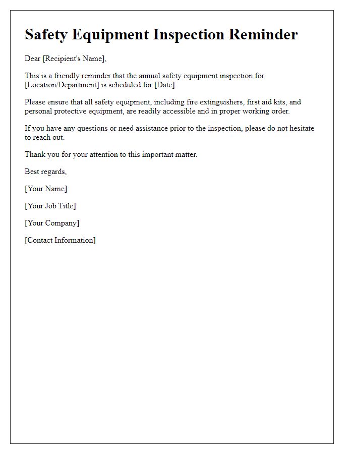 Letter template of safety equipment inspection reminder