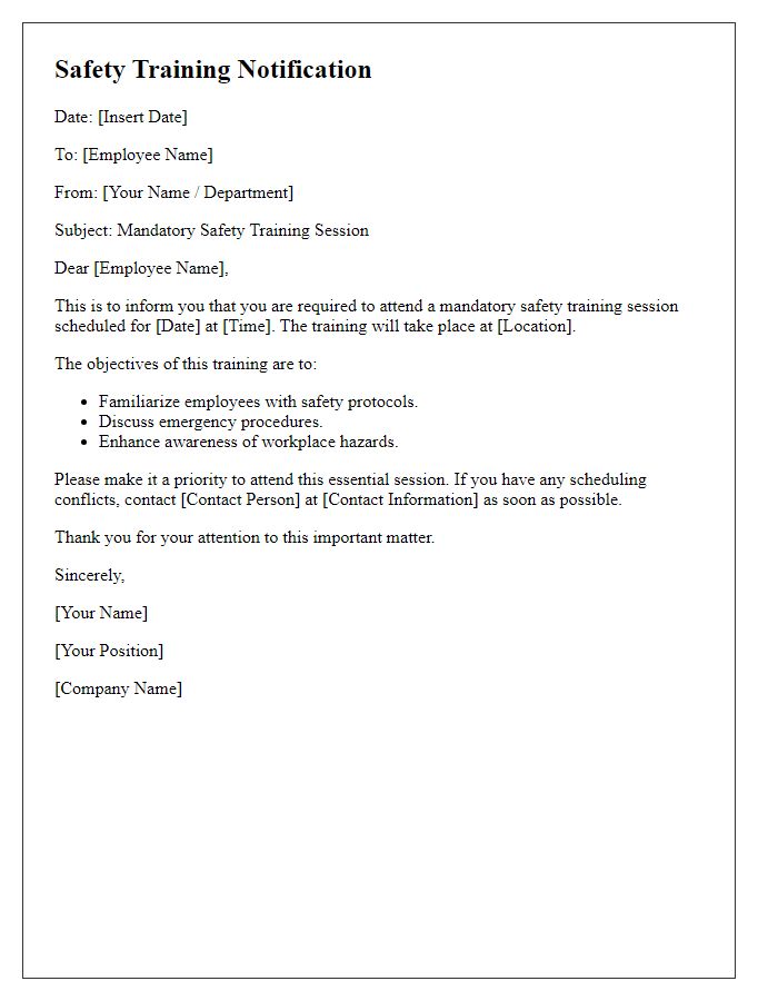 Letter template of safety training notification