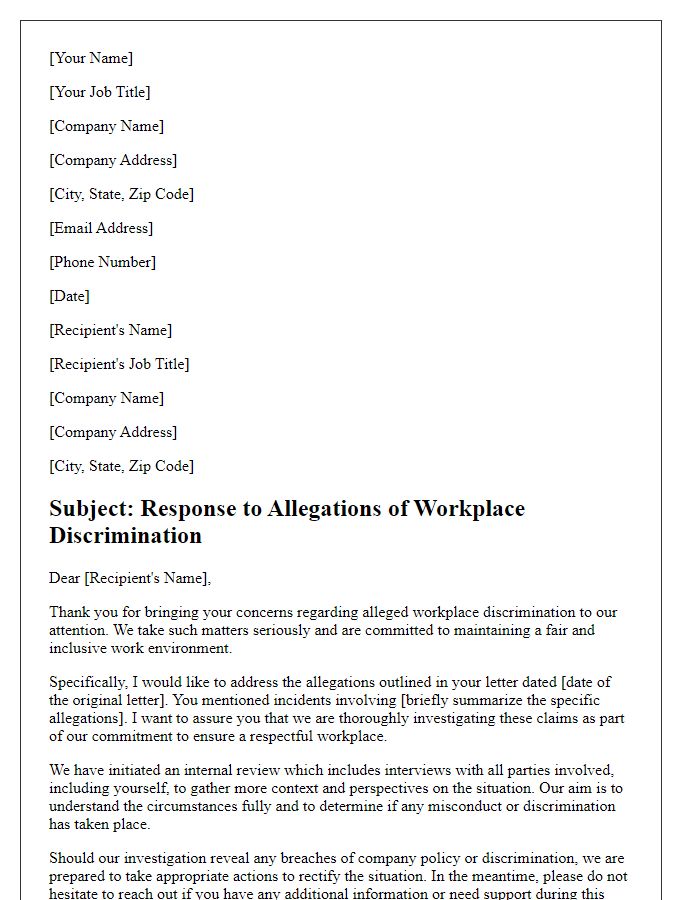 Letter template of workplace discrimination response addressing specific allegations.