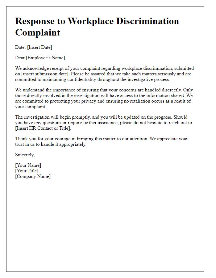 Letter template of workplace discrimination response ensuring confidentiality measures.