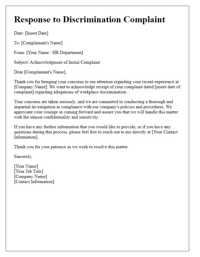 Letter template of workplace discrimination response for initial complaint acknowledgment.