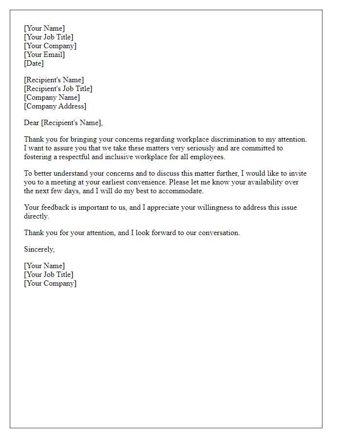 Letter template of workplace discrimination response offering a meeting to discuss concerns.