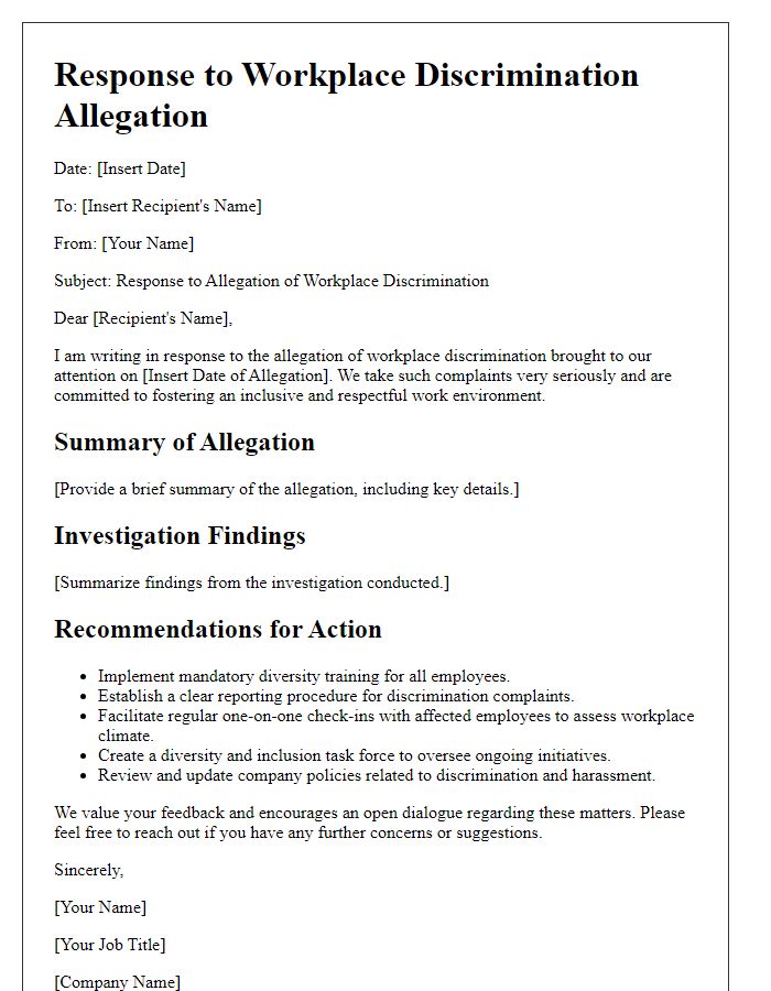 Letter template of workplace discrimination response with recommendations for action.