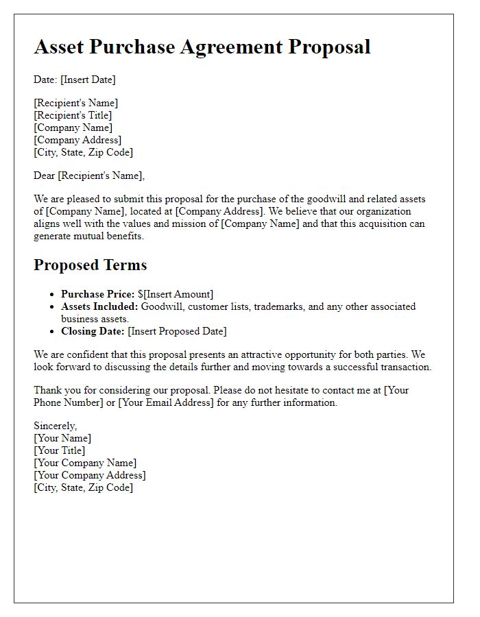 Letter template of asset purchase agreement proposal for business goodwill