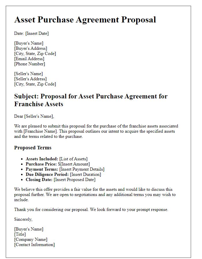 Letter template of asset purchase agreement proposal for franchise assets